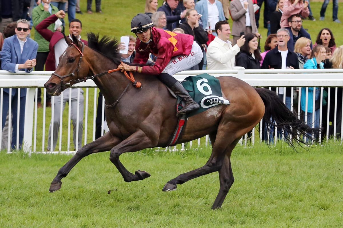 Jack O'Boy ridden by Hugo Boutin crossing the racing post first several lengths ahead of the field.